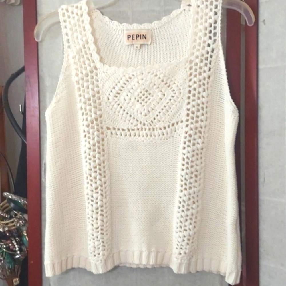 Pepin Crocheted knit Sleeveless sweater ivory Sz S